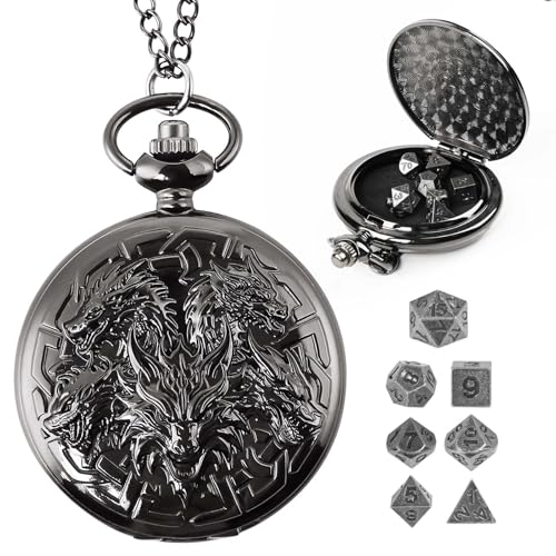 D&D Dice Set,7PCS Metal Dice for Dungeons and Dragons,Mini Dice Set with Pocket Watch Case,Role Playing Board Games Accessories (Dragon, Black) - color: Black, style: Dragon