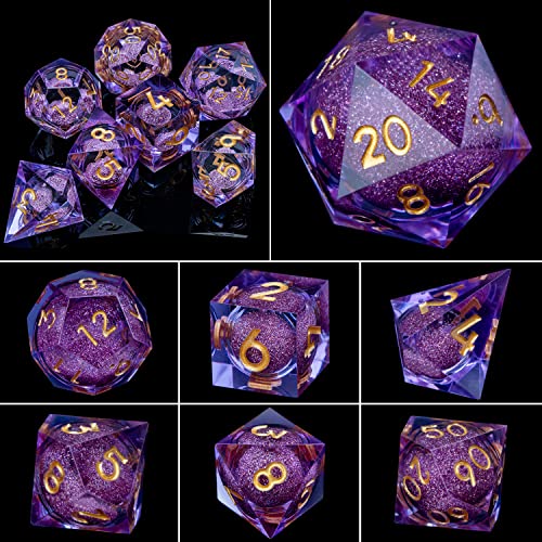 ARUOHHA DND Liquid Core Dice, 7pcs Resin Sharp Edged Dice Set RPG Translucent Polyhedral D and D Dice, Role Playing Dice Set D20 D12 D10 D8 D6 D4 with Gift Box - color: Purple Gold