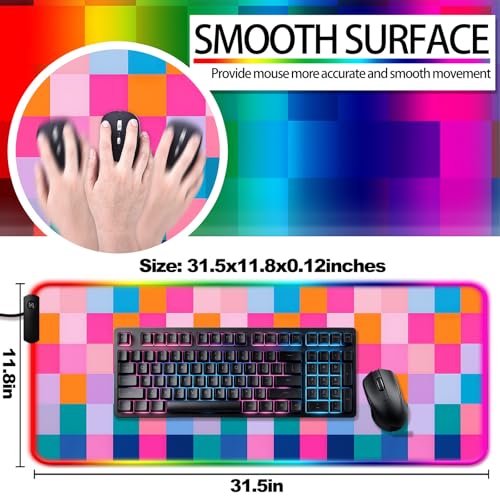 RGB Retro Coloful Checkered Gaming Desk Mat, Computer Keyboard Large Extended Long LED Mouse Pad for Office and Home, XL (W20) - color: Rgb-w20