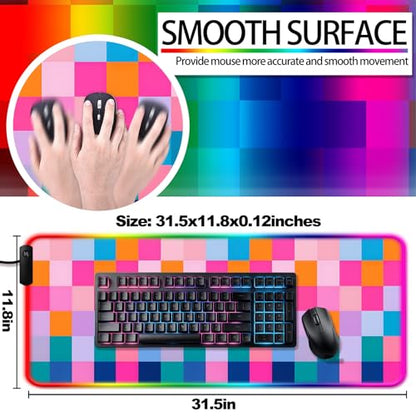 RGB Retro Coloful Checkered Gaming Desk Mat, Computer Keyboard Large Extended Long LED Mouse Pad for Office and Home, XL (W20) - color: Rgb-w20