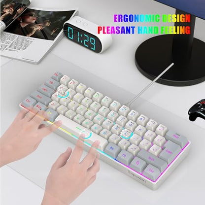 Snpurdiri 60% Wired Gaming Keyboard, 61 Keys RGB Backlit Small Gaming Keyboard for PC/Mac Gamer, Typist, Travel, Easy to Carry on Business Trip(Grey-White) - color: Grey and White