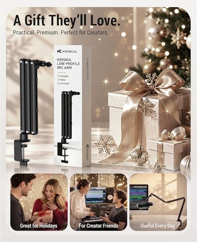 Low Profile Mic Arm for Lightweight Mics, Foldable Boom Arm with Desk Clamp, Mic Clip & 1/4" 3/8" 5/8" Adapters, 360° Metal Ball Head for Podcasting, Streaming & Gaming