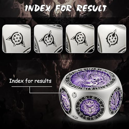 DNDND Unique Spinner DND Dice, 8-in-1 Hexagonal Metal DND Dice with Dual D20 Monster Themed Dice Set for DND Dungeons and Dragons, Dungeon Masters with Collectible Gift Tin (Silver with Purple) - color: Silver Purple