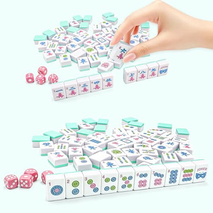 American Mahjong Tile Set, 166 Tiles (1.2”), Cute Mini Tiles-Sky-Blue Glaze | Mahjong Tile Set with Carrying Bag, Dice, Mat, Portable Travel Complete Game Set for Home Outdoor Enthusiast Gift - color: Sky-blue Glaze