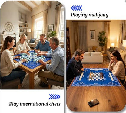 Mahjong Mat with Rules,Neoprene Noise Dampening Mat | Includes 3 Dice & Carry Bag with Rules & Instructions (Blue)