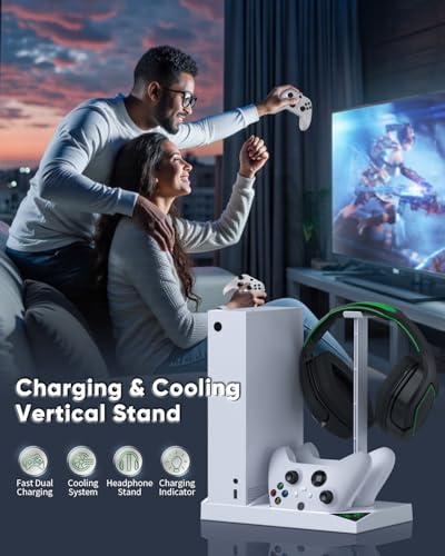 MENEEA Charger Stand Cooling Fan for Xbox Series S Console&Controller,White | Vertical Dual Cooler System Charging Dock Accessories with 2x1400mAh Rechargeable Battery, Earphone Bracket for Xbox Series S - color: White