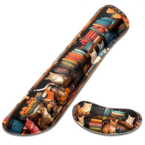 Dapesuom Enlarge Keyboard Wrist Rest, Memory Foam Wrist Cushion for Desk Mats Support, Cute Typing Pain Relief Keyboard Mouse Pad Rests Set with Non-Slip Base for Gaming Laptop Computer, Library Cats - color: Library Cats