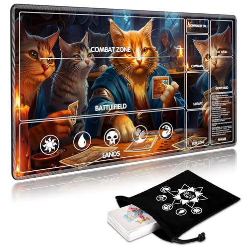 for MTG Playmat with Card Storage Bag,Non-Slip Rubber Base & Smooth Surface 24x14in,Beginner-Friendly Magic Mat for Commander Deck,Cats Playing Cards-1 - color: Cats Playing Cards-1, size: 24 X 14 in