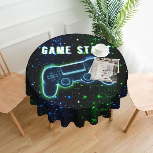 Gamer Table Cloths, Game Cool Controller Gaming Video Gamepad Funny Blue Green Kids Birthday Party Table Cover Decor for Kitchen Dining Room Farmhouse Outdoor Home, 60" Round - color: Game-4, size: 60" (Round)