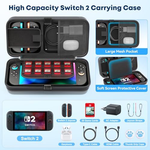 Carrying Case Compatible with Nintendo Switch 2 & Original & OLED Version, Custom Spot for Joy-con & AC Adapter, Portable Travel Nintendo Switch 2 Accessories Carrying Case Bag for 20 Games Cards