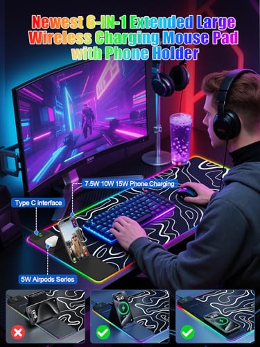 Mouse Pad with Foldable Phone Holder & Wireless Charger, XXL RGB Gaming Mousepad 31.5"x15.8" Large Desk Mat for Keyboard, Black Desk Pad with Dual Qi Charging Station | 11 Colors 5 Modes | Waterproof - color: 31.5x15.75"Phone Stand-Topographic Upgraded