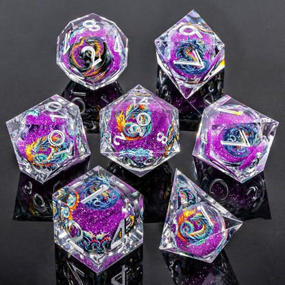Roycevon Dragon Pattern Liquid Core DND Dice Set, 7Pcs Sharp Edge D&D Dice with Gift Box, Resin Purple Dungeons Dragons D and D Role Playing Dice D20 D12 D10 D8 D6 D4 - color: Purple