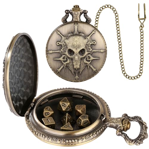 Mini DND Dice Set Steampunk Warlock Pocket Watch Shell Case, 7pcs Polyhedral Metal D&D Dice Set, DND Gifts with Gift Box for Gamer, Role Playing Board Games Accessories, Bronze - color: Warlock
