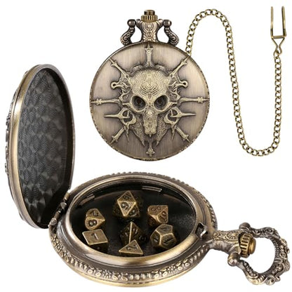 Mini DND Dice Set Steampunk Warlock Pocket Watch Shell Case, 7pcs Polyhedral Metal D&D Dice Set, DND Gifts with Gift Box for Gamer, Role Playing Board Games Accessories, Bronze - color: Warlock