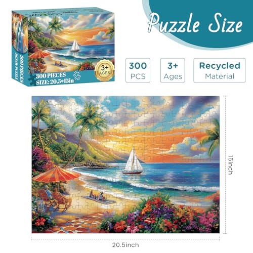 300 Pieces Puzzles for Adults, Summer Beach Jigsaw Puzzles 300 Pieces Puzzles for Adults Kids, Colorful Sunset Boat Jigsaw Puzzles, Birthday and Holiday Challenging Gift Toy 20.5x15 in - style: Summer Beach