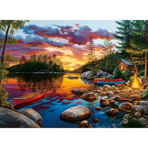 500 Pieces Puzzle for Adults, Sunset Lake Cabin Puzzle, Nature Landscape Boat Jigsaw Puzzles 500 Piece for Teens Adults Seniors, Fun Challenging Family Game Birthday Party Gift 20.5 * 15in - style: Sunset Lake Cabin