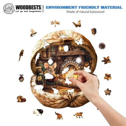 WOODBESTS Wooden Puzzles for Adults - Mouse's Walnut House, Mouse Wooden Jigsaw Puzzle, Unique Animal Wood Puzzles Adult, Xmas Gifts for Puzzle Lovers(95 Pcs, S, 8.5"x7.5") - size: Small