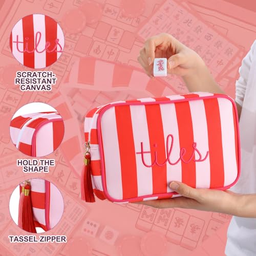 Sanwuta 1 Pcs Mahjong Tile Bag with Zipper,Red, Purple,Striped | Embroidered Mahjong Case for 166 American Mahjong Tiles (1.2") Portable Bags for Board Game Party Gathering Travel - color: Red, Purple, style: Classic
