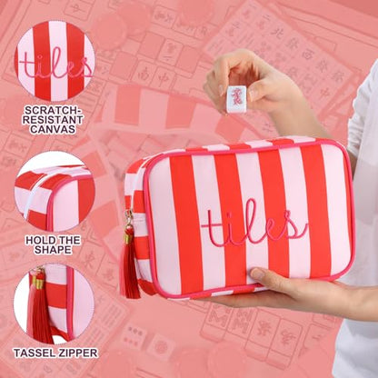Sanwuta 1 Pcs Mahjong Tile Bag with Zipper,Red, Purple,Striped | Embroidered Mahjong Case for 166 American Mahjong Tiles (1.2") Portable Bags for Board Game Party Gathering Travel - color: Red, Purple, style: Classic