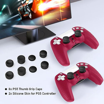 PS5 Controller Skin, Anti-Slip Soft Silicone Protective Cover Case for PlayStation 5 Controller Grip Accessories, 2 Pack with 8 x Thumb Grip Caps (Cosmic Red) - color: Cosmic Red