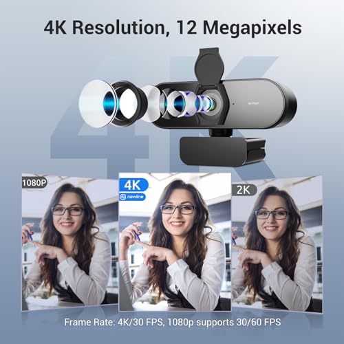 N newline 4K Webcam for PC with PDAF Autofocus, Privacy Cover, Dual Microphones, 4K@30FPS & 1080P@60FPS, Auto Light Correction, Plug & Play USB Camera for Laptop, Mac & Desktop, Streaming - style: 4K Webcam