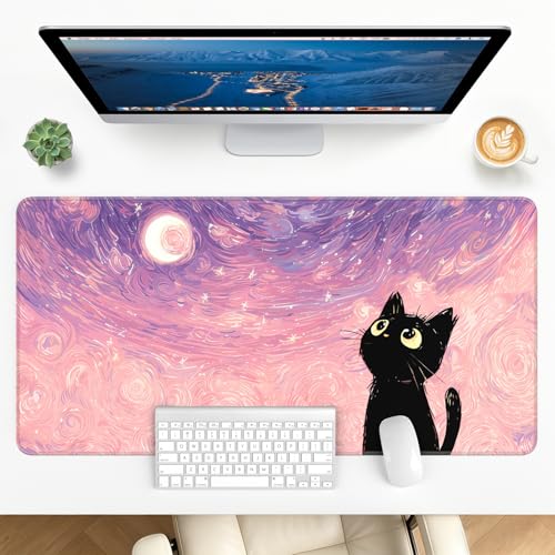Large Gaming Mouse Pad, XL Desk Protector, Non-Slip Base | 31.5x15.7 in Extended Desk Mat with Stitched Edges for Keyboard, Work, Game, Office, Home PC and Laptop - color: Starry Cat