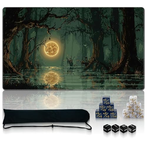 Ultimate TCG Battle Set: 24"x14" Stitched Fantasy Playmat, 16 Dice & Carry Bag – Non-Slip 2mm Rubber Card Game Mat for Trading Card Games (Midnight Swamp, Classic Series) - color: Midnight Swamp, size: CLASSIC SERIES