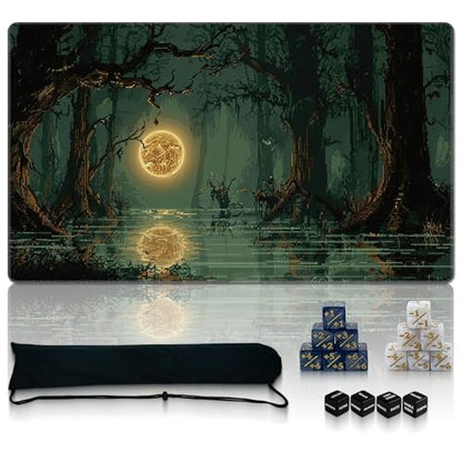 Ultimate TCG Battle Set: 24"x14" Stitched Fantasy Playmat, 16 Dice & Carry Bag – Non-Slip 2mm Rubber Card Game Mat for Trading Card Games (Midnight Swamp, Classic Series) - color: Midnight Swamp, size: CLASSIC SERIES