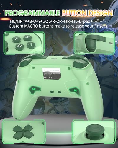 Switch Controller for Nintendo Switch/OLED,Hall Effect One-Piece Joypad with Turbo/4 Looping Macro Buttons/Wake Up/9 colors RGB,Includes 4 game card slots wireless handheld controller (Green) - color: Green