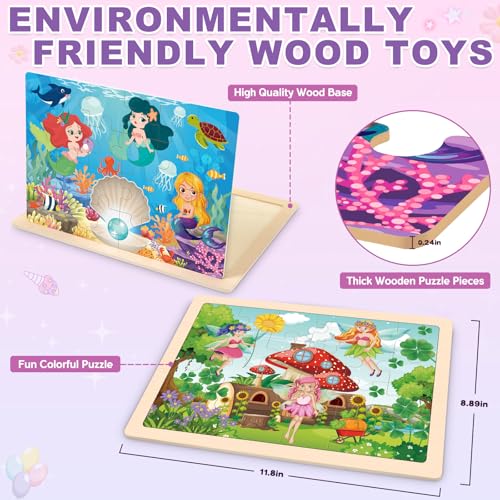 Puzzles for Kids Ages 4-6, 4 Packs Wooden Jigsaw Puzzles for Toddlers 2-4, Princess Unicorn Mermaid Fairy Preschool Educational Puzzles Boards Toys Gifts for Girls Boys 3 4 5 6 - style: Princess