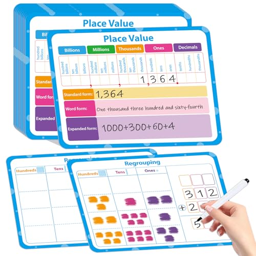 12 Pack Double Sided Value Chart Dry Erase Board,12" x 9" Multiplication Flash Cards,Math Manipulatives Small White Board for Kids,Math Games Chart for Preschool Learning,Homeschool Essentials - style: Place Value