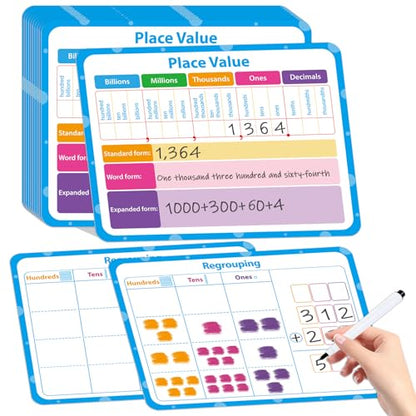 12 Pack Double Sided Value Chart Dry Erase Board,12" x 9" Multiplication Flash Cards,Math Manipulatives Small White Board for Kids,Math Games Chart for Preschool Learning,Homeschool Essentials - style: Place Value