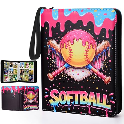 Pasimy 900 Pockets Ice Cream Softball Card Binder for Trading Cards 9 Pockets with 50 Removable Sleeves 3 Ring Softball Card Holder Binder with Zipper for Sport Collection Book Storage Album Organizer - color: Colorful, size: 13.39 x 11.42 Inch, style: Ic