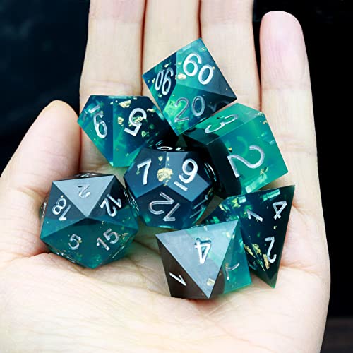 Haxtec Sharp Edge DND Dice Set, Gold Flakes Resin Polyhedral RPG Dice | Blue Black D&D for Table Games, Compatible with Dungeons and Dragons, Handmade 7-Die with Metal Case, MTG Gifts, War Series - color: Blue Black