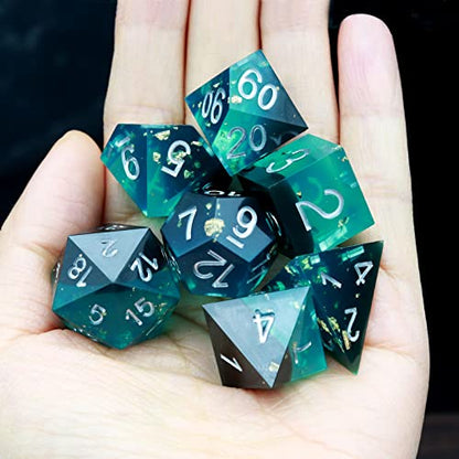 Haxtec Sharp Edge DND Dice Set, Gold Flakes Resin Polyhedral RPG Dice | Blue Black D&D for Table Games, Compatible with Dungeons and Dragons, Handmade 7-Die with Metal Case, MTG Gifts, War Series - color: Blue Black
