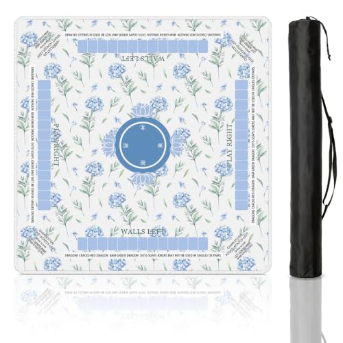 Blue Hydrangea Floral Mahjong Mat 31.5x31.5 Inch,Non-Slip and Silent Travel Mahjong Set for Mahjong, Equipped with a Portable Carrying Bag, Rubber Mahjong Mat for Poker, Cards and Board Games - color: Blue Hydrangea Floral