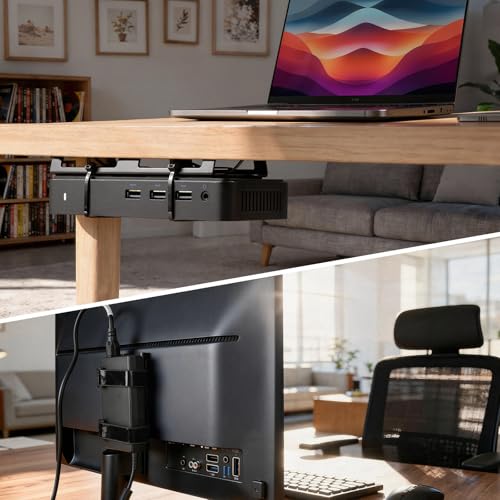 Universal Metal Laptop Charger Holder, Under Desk & Vesa Mount | Adjustable Power Brick Bracket, Under Desk Mount Organizer for Docking Stations & USB-C Hubs, Secure Supply Holder, Black