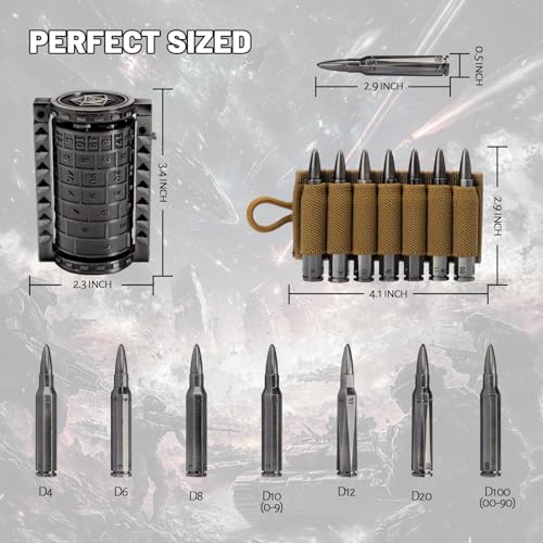 CZYY Rifle Bullet Dice Set, Metal 7 Polyhedral Dice Set for Tabletop Games | D4 to D20 & D%, Spinning Cylinder-Style Case, Cartridge Holder Belt, Gift for RPG Players & Collectors, Silver - color: Silver