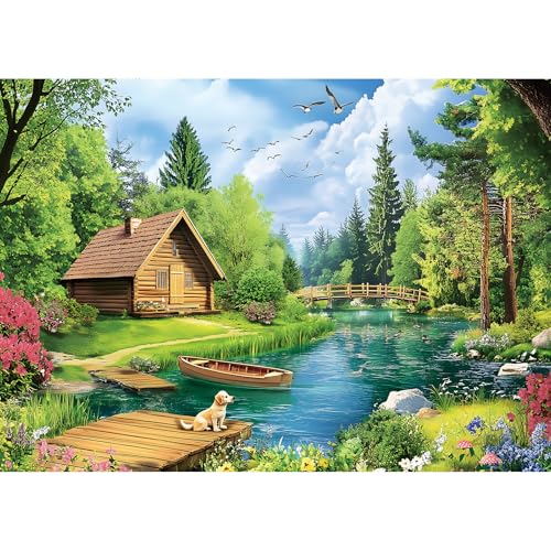 1000 Piece Puzzles for Adults, Spring and Summer Landscape Jigsaw Puzzle, Wooden House and Dog Jigsaw Puzzles 1000 Pieces, Challenging Game Home Decor Birthday Party Gift Toy for Adults Kids Seniors - style: Summer Landscape