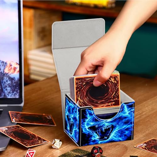 PU Leather Deck Box for MTG Commander Cards, Fits 100+ Double Sleeved Cards, Secure Magnetic Trading Card Storage Case for TCG CCG,Blue Flaming Wolf Spirit - color: Blue Flaming Wolf Spirit