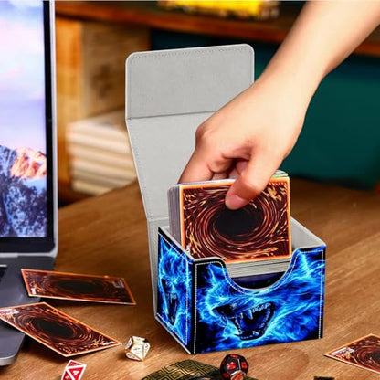 PU Leather Deck Box for MTG Commander Cards, Fits 100+ Double Sleeved Cards, Secure Magnetic Trading Card Storage Case for TCG CCG,Blue Flaming Wolf Spirit - color: Blue Flaming Wolf Spirit