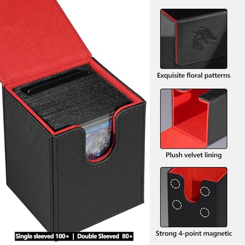 MTG Card Deck Box For Commander Deck Box With 2 Dividers, Card Storage Box Fits 100+ Single Sleeved Cards, PU Leather Strong Magnet Card Deck Case Holder for Magic Yugioh TCG (Red/Black - color: Red/Black