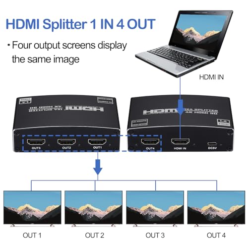 HDMI Splitter 1 in 4 Out, 1x4 HDMI Splitter Audio Video Distributor Box Support 3D & 4K x 2K Compatible for HDTV, STB, DVD, PS3, Projector Etc - size: 1x4 4K@30Hz