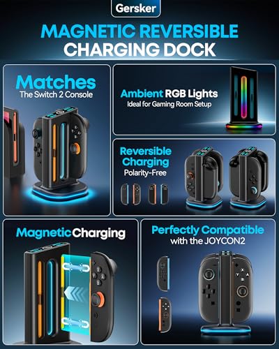Switch 2 Controller Charger with Magnetic & Bi-Directional Design, 4 in 1 Switch 2 Charger with RGB Mode, 2 Charging Station Dock Stand