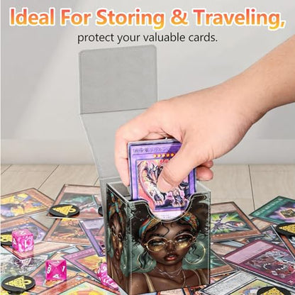 Card Deck Box, Card Storage Box Fits 100+ Single Sleeved Cards, Large Capacity PU Leather Card Storage Box with Strong Magnet for Magic Commander TCG CCG, American African Girl - color: American African Girl