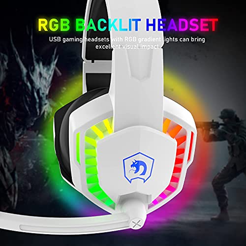 Wired Gaming Headset with Rainbow RGB Backlight Retractable Noise Isolating Microphone Stereo Sound Deep Bass Memory Foam Earmuff Over Ear Headphone for PS4 Xbox One Switch PC Mac Gamer Music (White) | Retractable,Noise Isolating Microphone,Stereo Sound,D