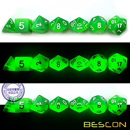 Bescon Gradient Glowing Polyhedral Dice 7pcs Set Forest Light, Gradual Luminous RPG Dice Set Glow in Dark, Novelty DND Game Dice d4 d6 d8 d10 d12 d20 d% in Brick Box - color: Forest Light