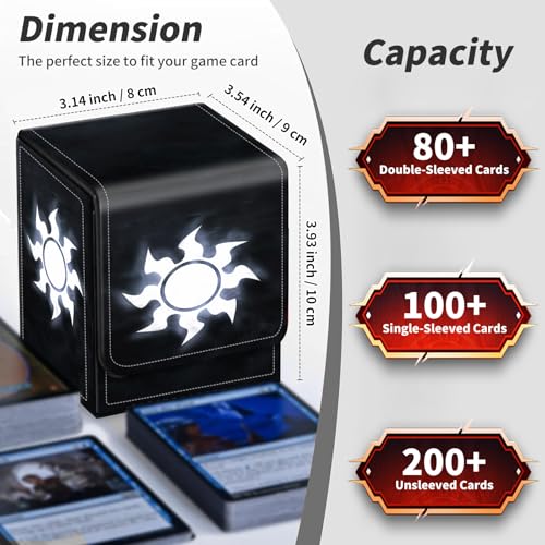 BVDIKMI Card Deck Box for MTG, Card Storage Box Fits 100+ Single Sleeved Cards, PU Leather Strong Magnet Card Deck Case Holder for Magic Commander TCG CCG, Black Sun - color: Black Sun