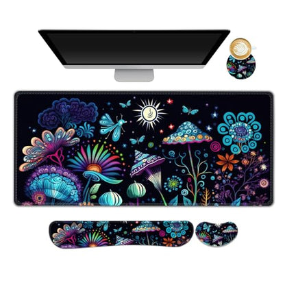 AIMSA Large Gaming Mouse Pad Set, Keyboard Wrist Rest Support+ Extended Mousepad+ Mouse Wrist Cushion+Coaster, Ergonomic Multifunctional Desk Mat 35x15.7in, Colorful Abstract Mushrooms - color: Colorful Abstract Mushrooms