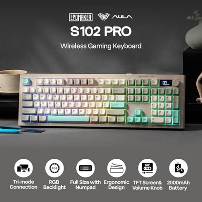 EPOMAKER Aula S102 PRO Membrane Gaming Keyboard with TFT Screen, Volume Knob & Number Pad, BT/2.4G/USB, RGB Backlit, Creamy Silicone Structure, Silent Keyboard for PC Game/Office (Grey) - color: Grey